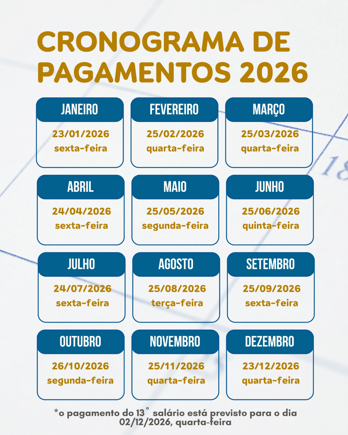 CALENDÁRIO DE PAGAMENTOS 2026